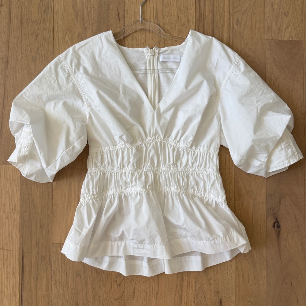 Jonathan Simkhai Yuni Top Women 6 White Puff Sleeve Smocked Peplum V-Neck